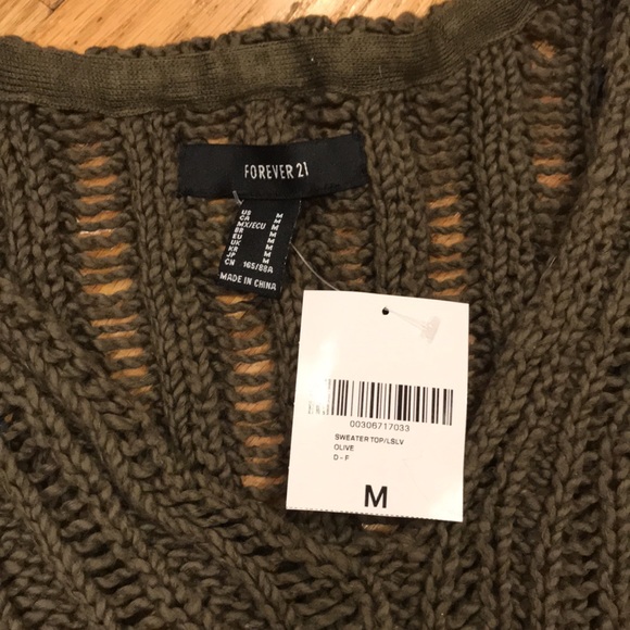 NWT F21 FOREVER 21 Olive Army Green V Neck Sheer Holey Sweater Sz M - Picture 5 of 7